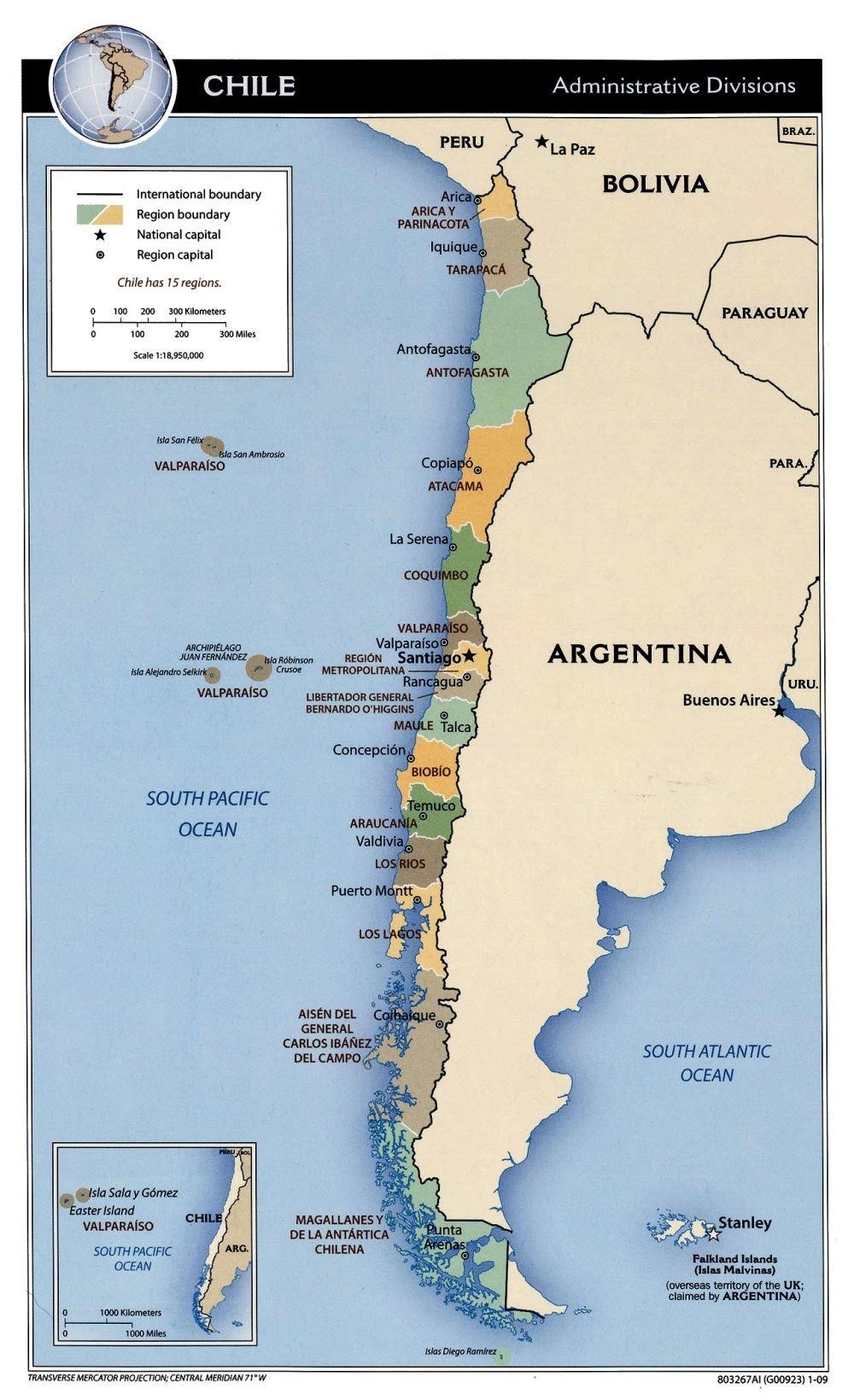 Bản đồ chính quyền đất nước Chile rộng lớn vào năm 2023.